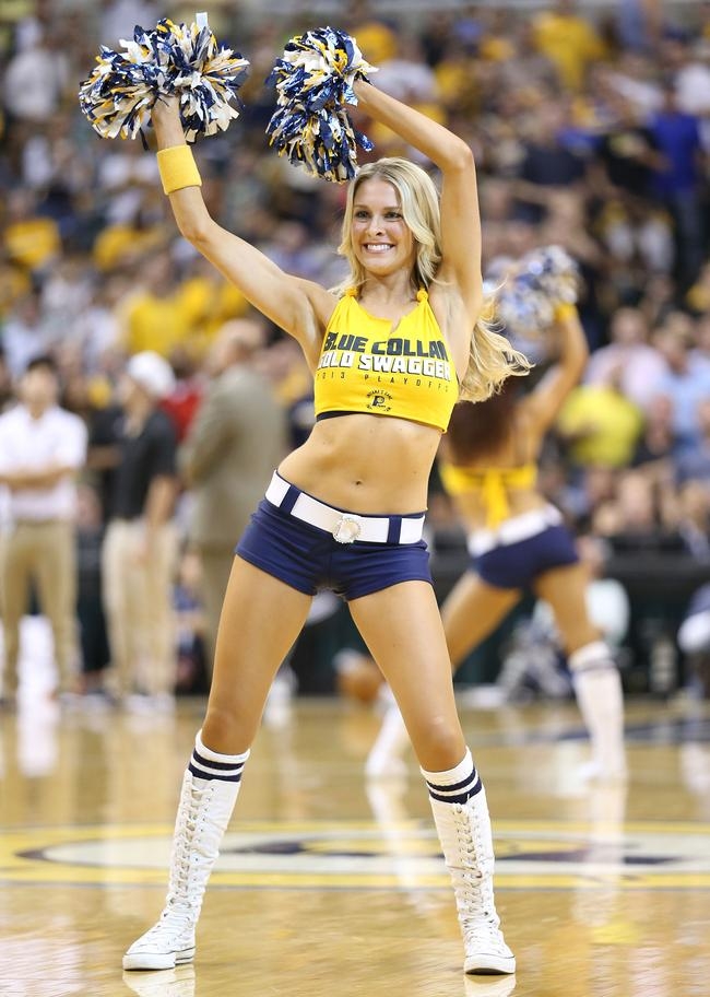 A Indiana Pacers cheerleader performs in the game against the New York Knic...