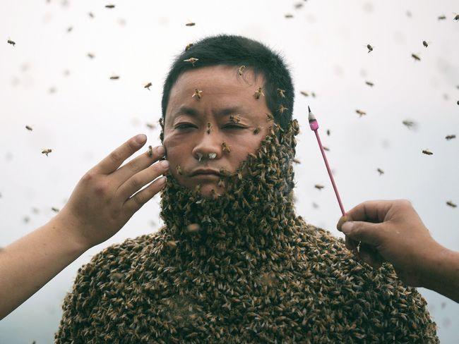 Как выглядит лицо пчелы Bee Keeper And His Bee Coat!