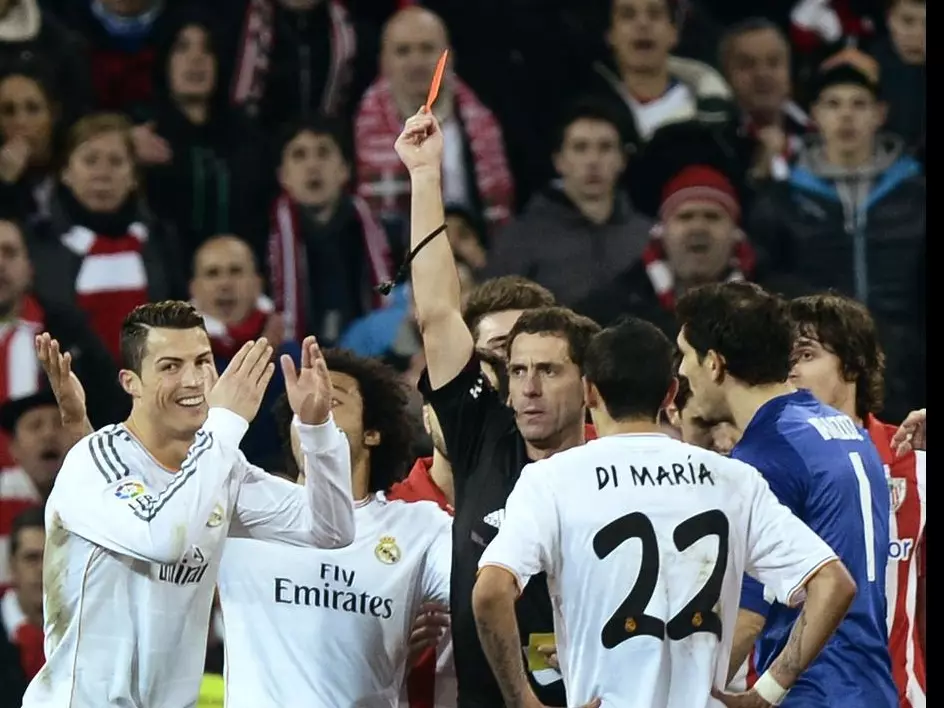 Cristiano Ronaldo was sent-off as Real Madrid lost ground in the La Liga title race with a 1-1 draw away to Athletic Bilbao on Sunday.