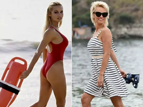 Pamela Anderson on the beach then and now