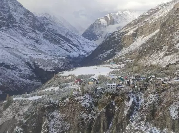 A view of a snow-covered hill in Lahaul-Spiti after it received fresh snowfall.