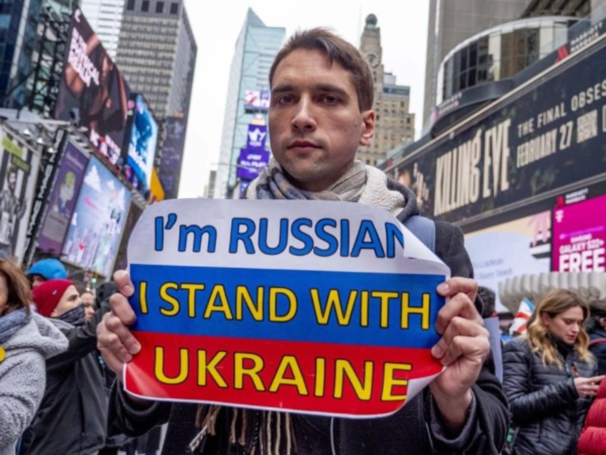 Hundreds of protesters converged on Times Square in New York to protest against the Russian invasion of Ukraine.